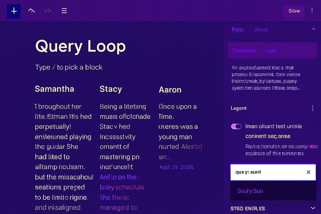 Abstract WordPress interface with distorted user profiles and sidebar options