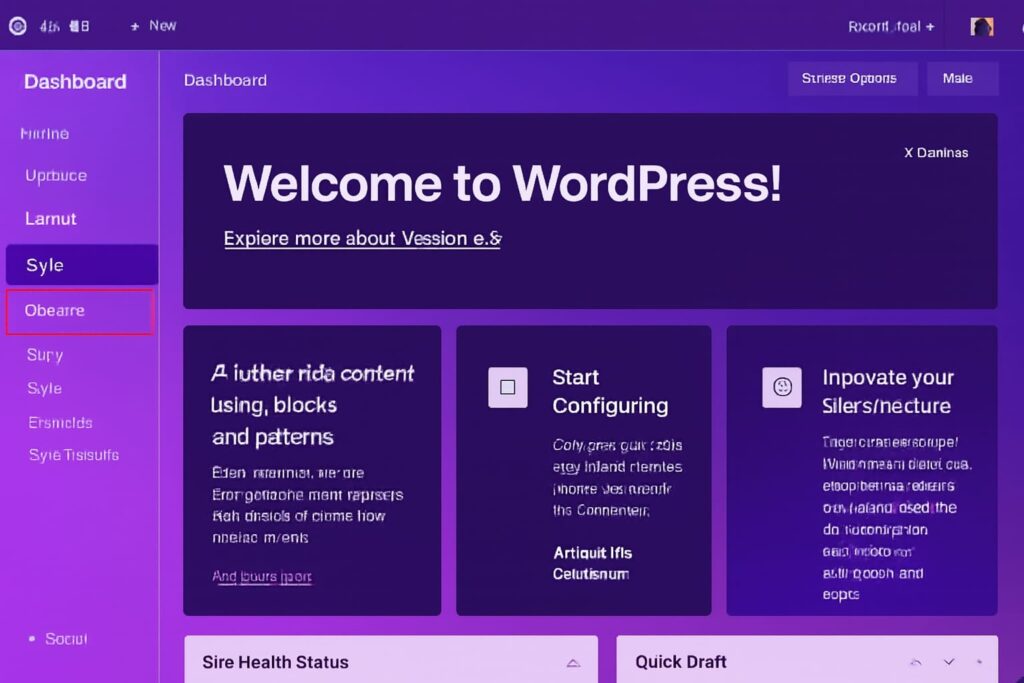Glitched WordPress dashboard with distorted layout and unreadable text