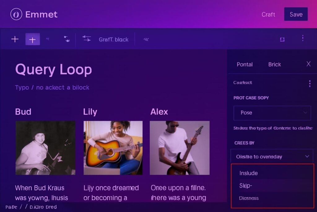 Emmet design interface with musical profiles and UI distortion