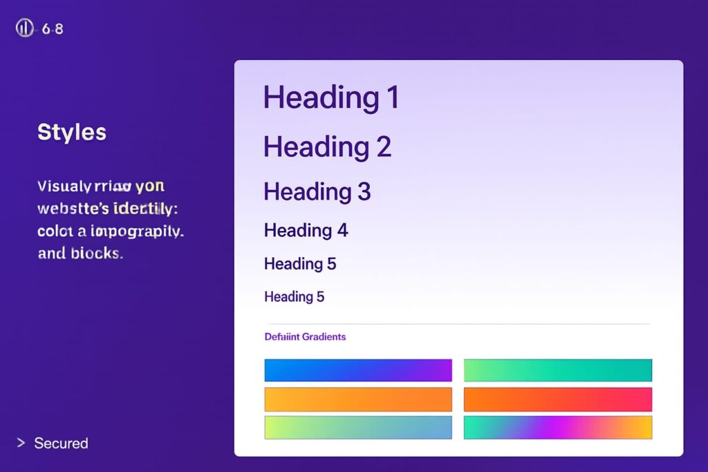 WordPress style panel with heading levels and gradient swatches