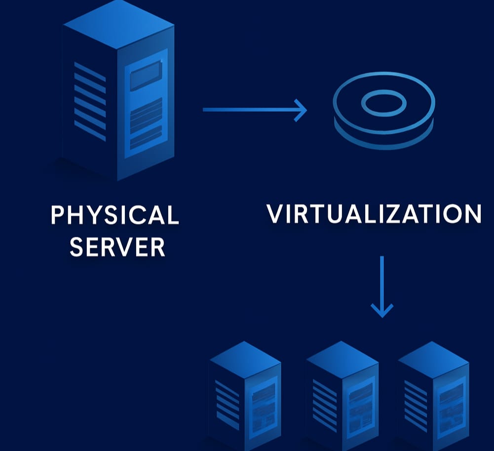 VPS Hosting Guide Flowchart showing physical server virtualization process and multiple VPS environments