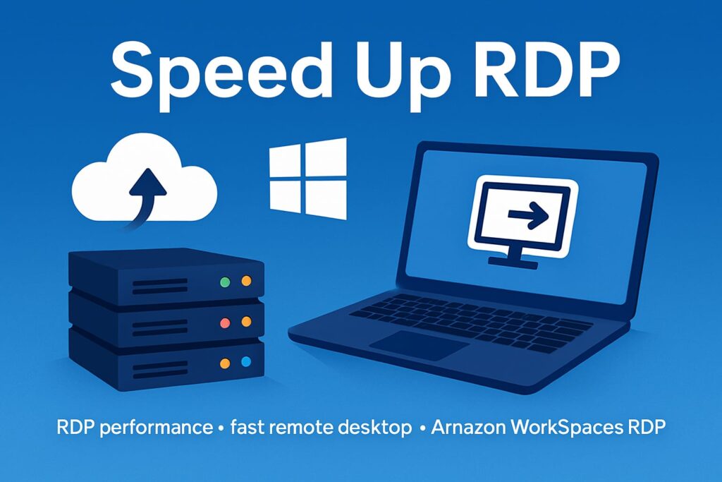 Speed Up RDP poster with server rack, Windows icon, and remote desktop visuals