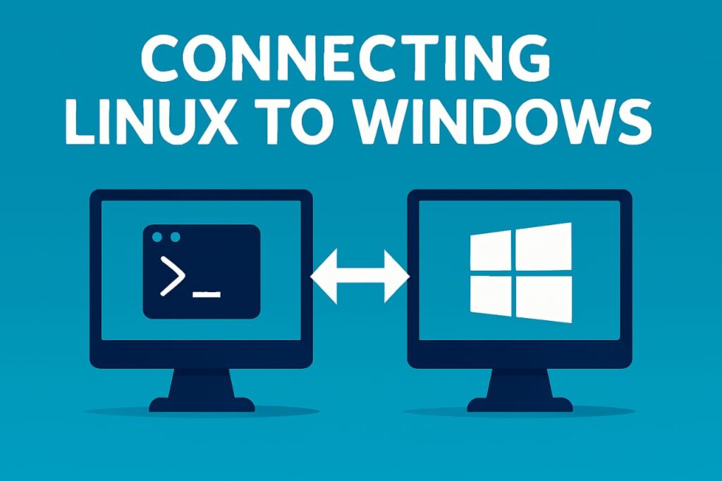 Two monitors showing Linux terminal and Windows