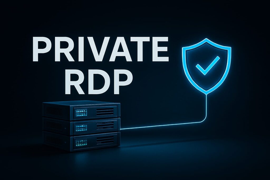 Private RDP server rack with secure shield and glowing connection line on dark tech background https://hexahosting.com.pk/