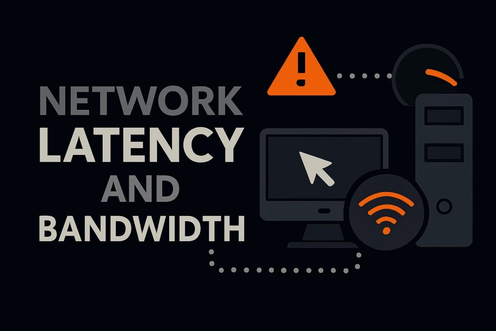Network delay and bandwidth icons with server and warning signal
