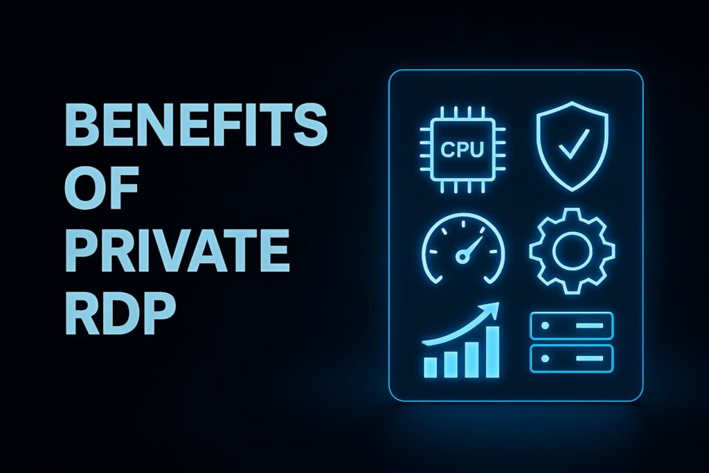 Icons showing CPU, shield, speed, customization, and scalability benefits of Private RDP 