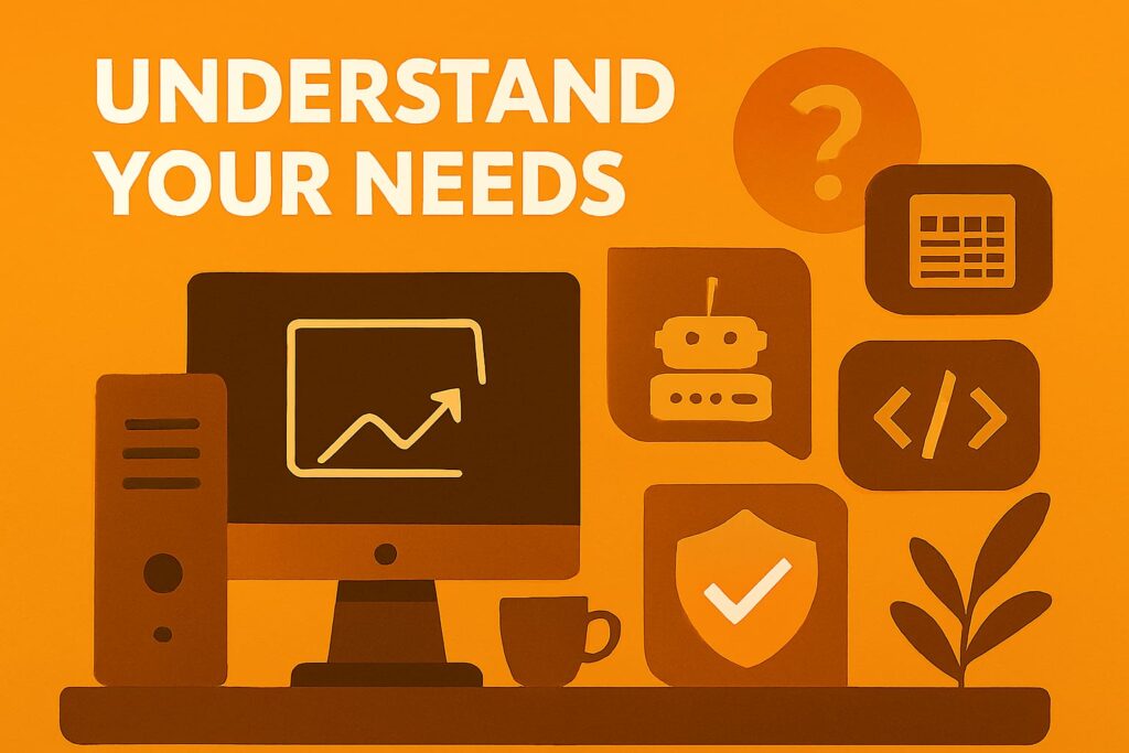 Your RDP Needs banner with checklist and gear icons Title: Understanding Your RDP Needs Description: Clean layout with customization icons and checklist, highlighting how to define your remote access requirements. 