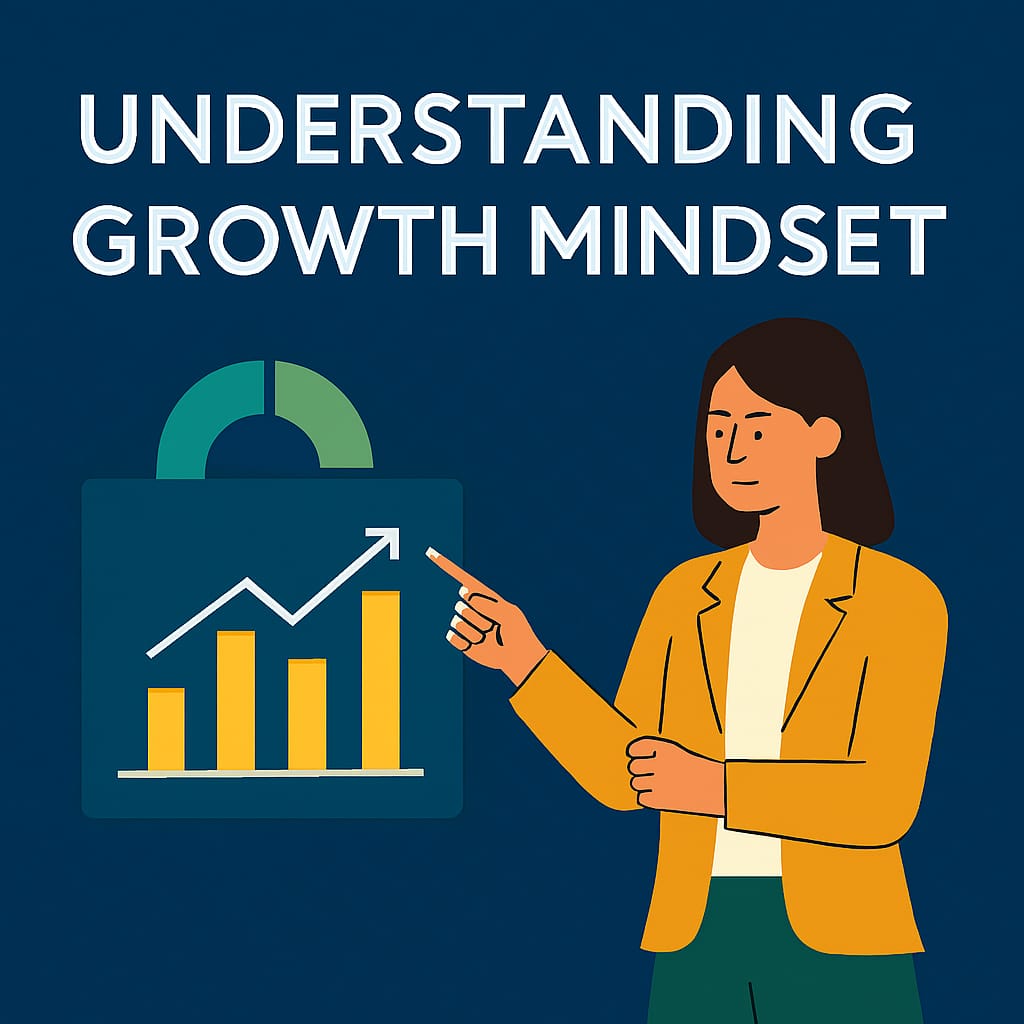 A professional wide image showing the concept of "Growth Mindset" with a server rack and a plant growing from a brain-shaped flowerpot, symbolizing business innovation and development. Deep blue background with bold white title.