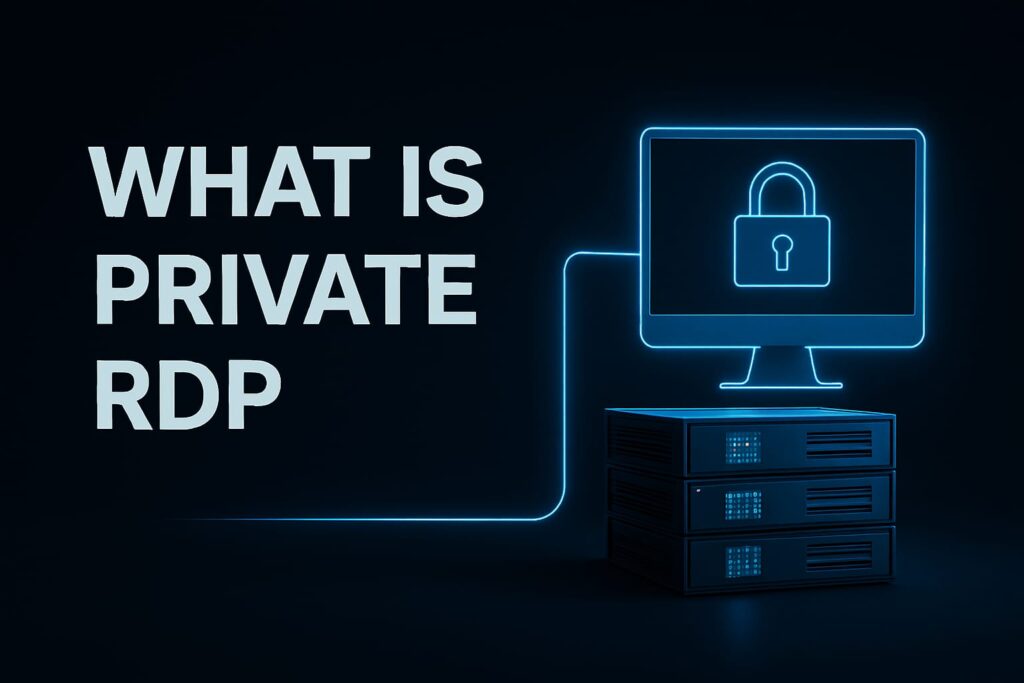  Gear, shield, and server rack icons representing Private RDP setup and configuration process