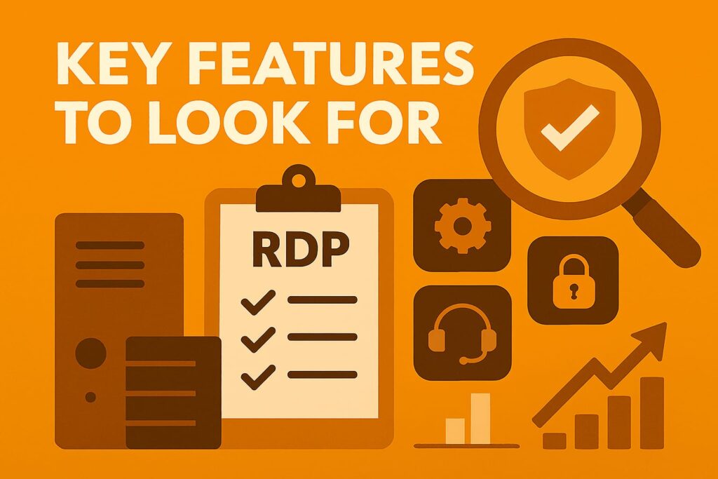 RDP Features banner with performance and security icons Title: Key RDP Features to Consider Description: Modern banner showing CPU, shield, support headset, and growth chart — ideal for comparing RDP specs. 