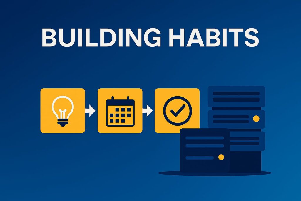A bold, wide-format image titled "Habit Impact" with ascending yellow bars, a curved arrow, server visuals, and a clock icon. It symbolizes how consistent habits improve productivity and operational focus. 