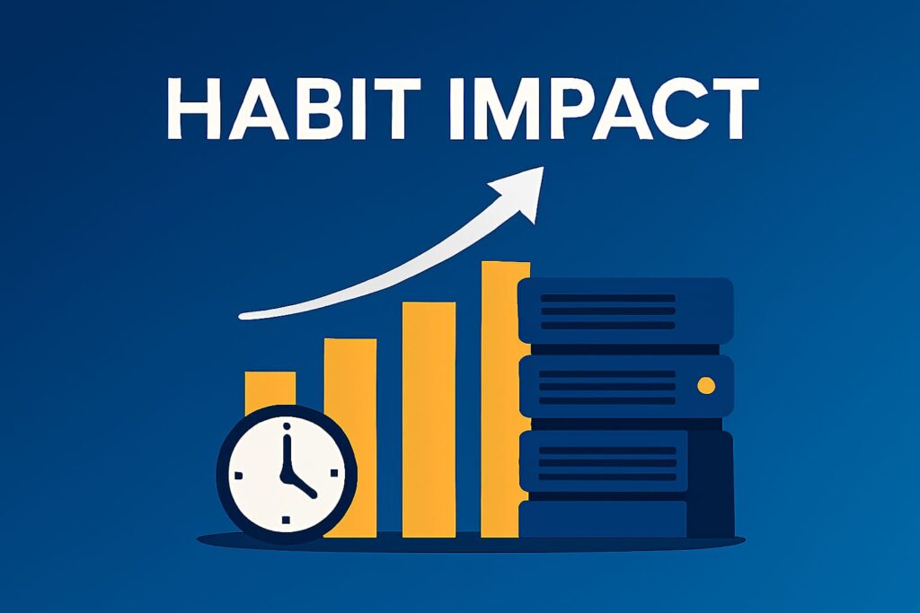 A professional wide image titled "Habit Steps" displaying a linear flow of icons — lightbulb, calendar, checkmark, and data stack — leading to a server rack. It illustrates the stages of building effective business habits.