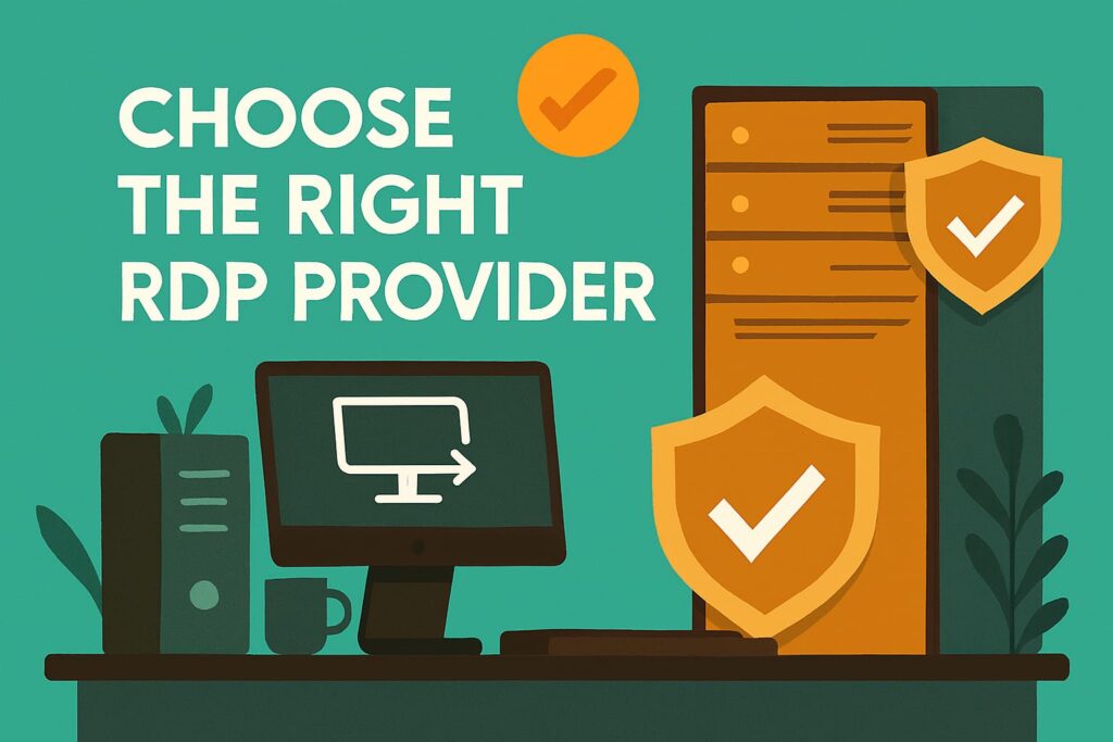 RDP Provider banner with server and shield icons Title: Choose the Right RDP Provider Description: Professional header image showing secure server setup and shield icon, representing reliable RDP hosting.